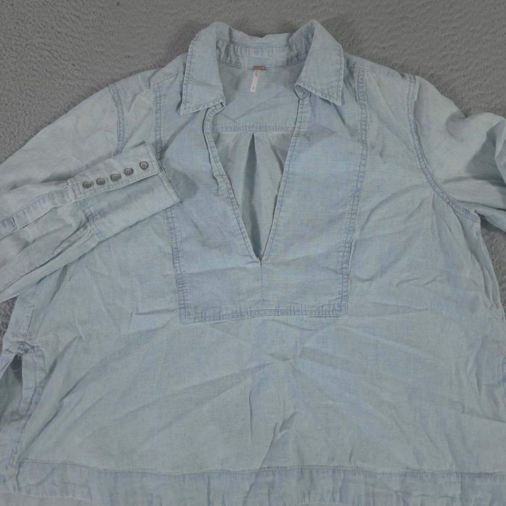 Free People Top Womens Large Blue Ready or Not Chambray Linen Blend Blouse Shirt